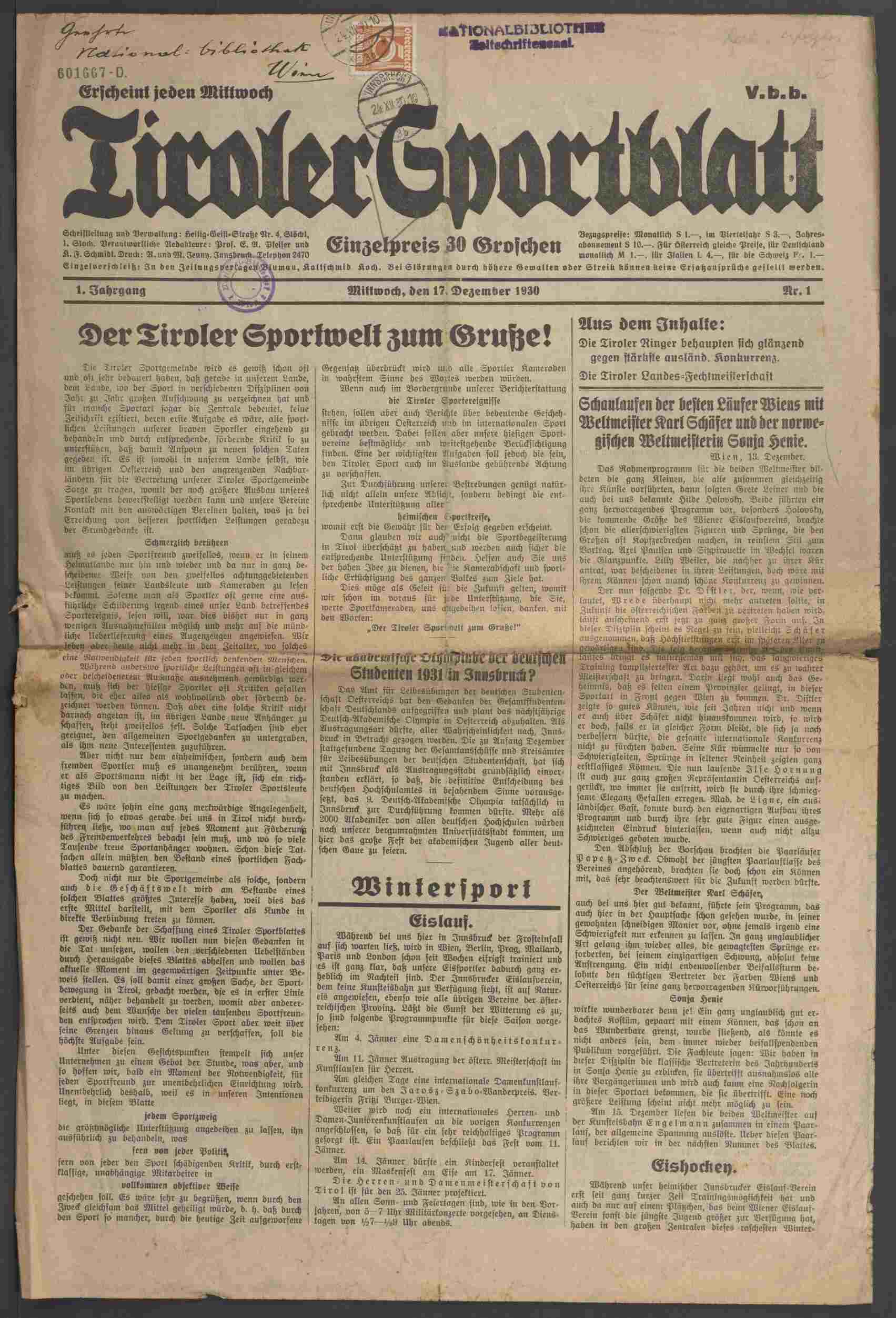 Tiroler Sportblatt, 17.12.1930, S.1, ANNO/ÖNB