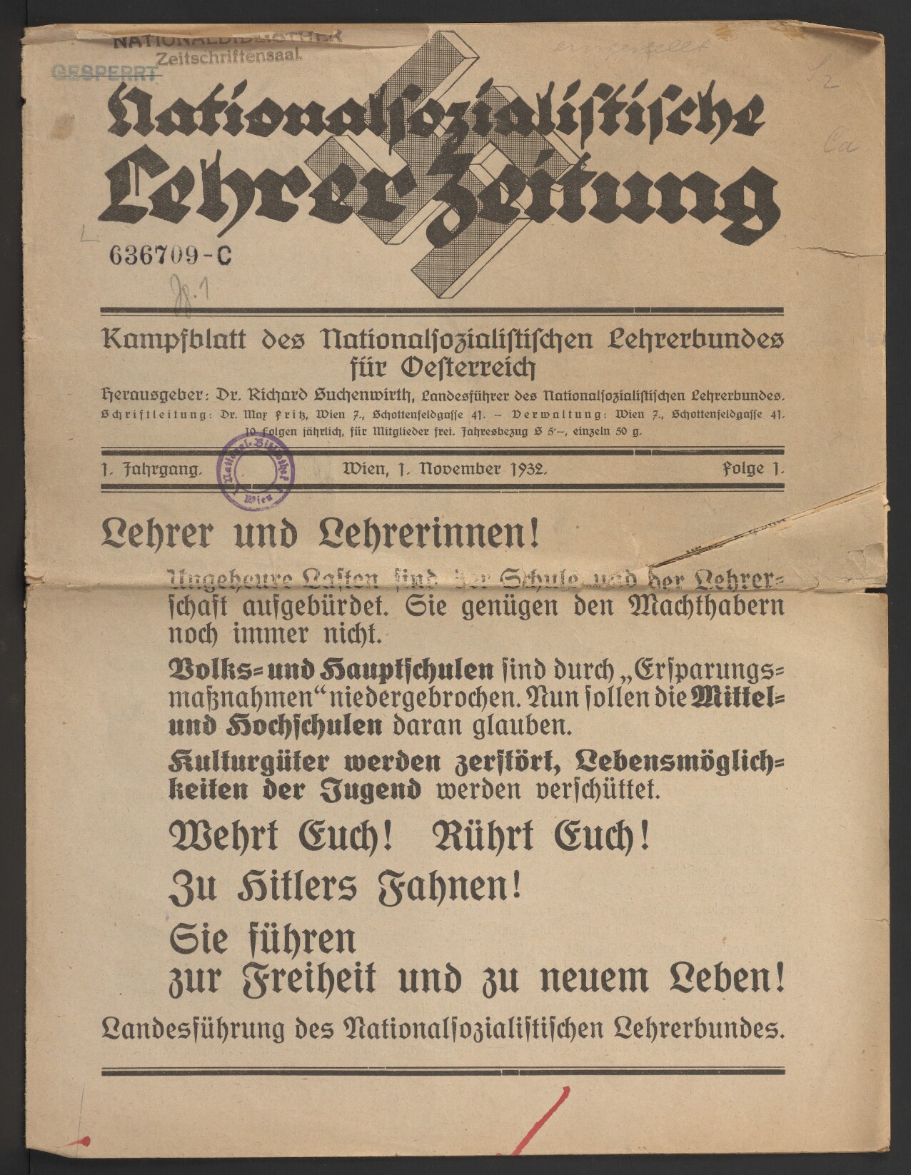 Nationalsozialistische Lehrer-Zeitung, 1932, Folge 1, S. 1, ÖNB/ANNO
