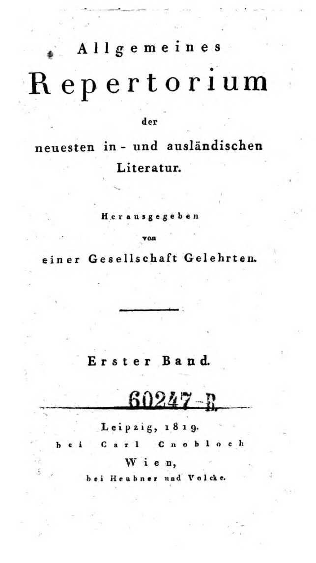 Allgemeines Repertorium der neuesten in- und ausländischen Litteratur, Titelblatt Band 1, 1819, ANNO/ÖNB