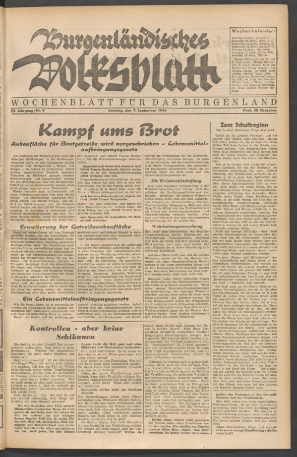 Burgenländisches Volksblatt, Titelblatt 7.9.1946, ANNO/ÖNB