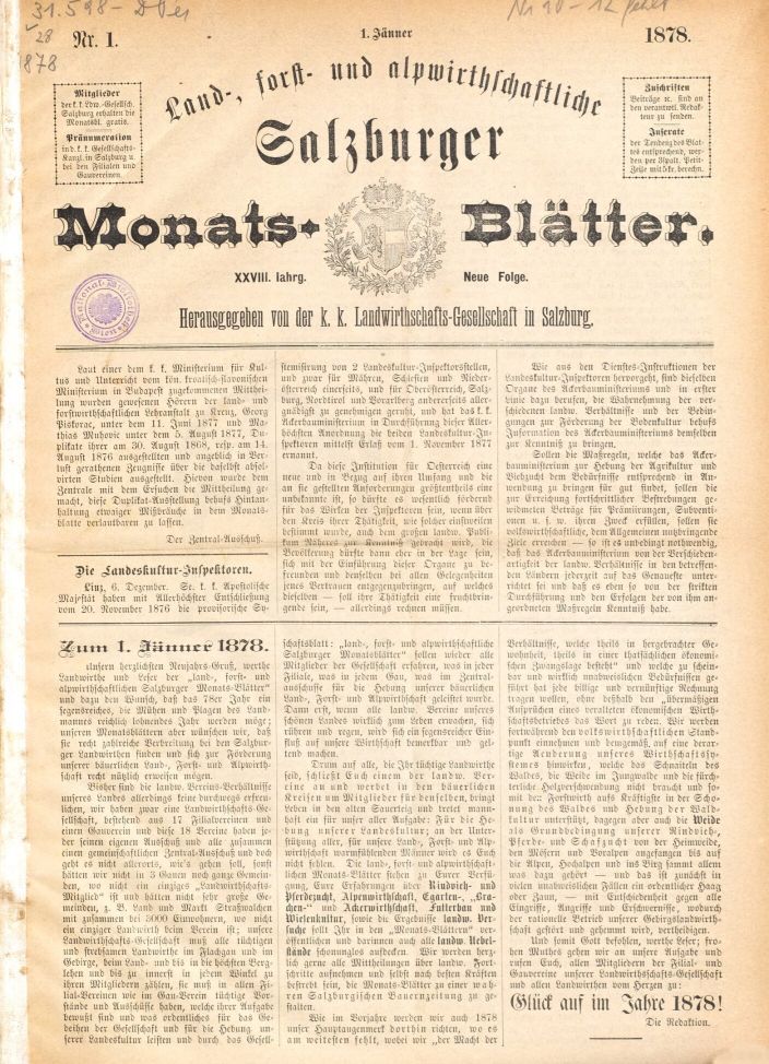 Wochen-Blatt des k.k. landwirthschaftlichen Vereines in Salzburg, Titelblatt Nr. 1, 1878, ANNO/ÖNB