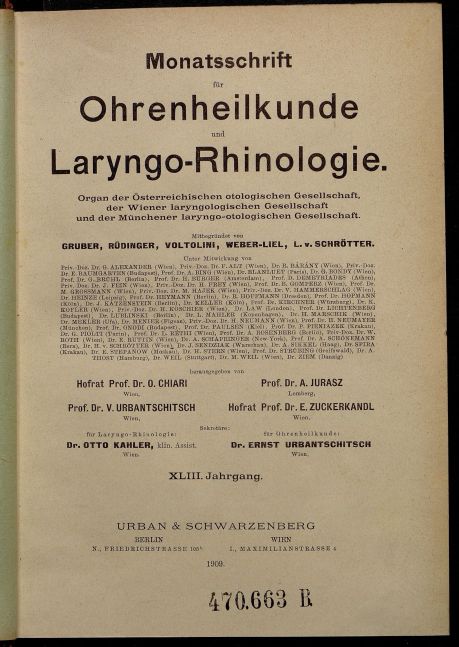 Monatsschrift für Ohrenheilkunde, Titelblatt Heft 1, 1909, ANNO/ÖNB