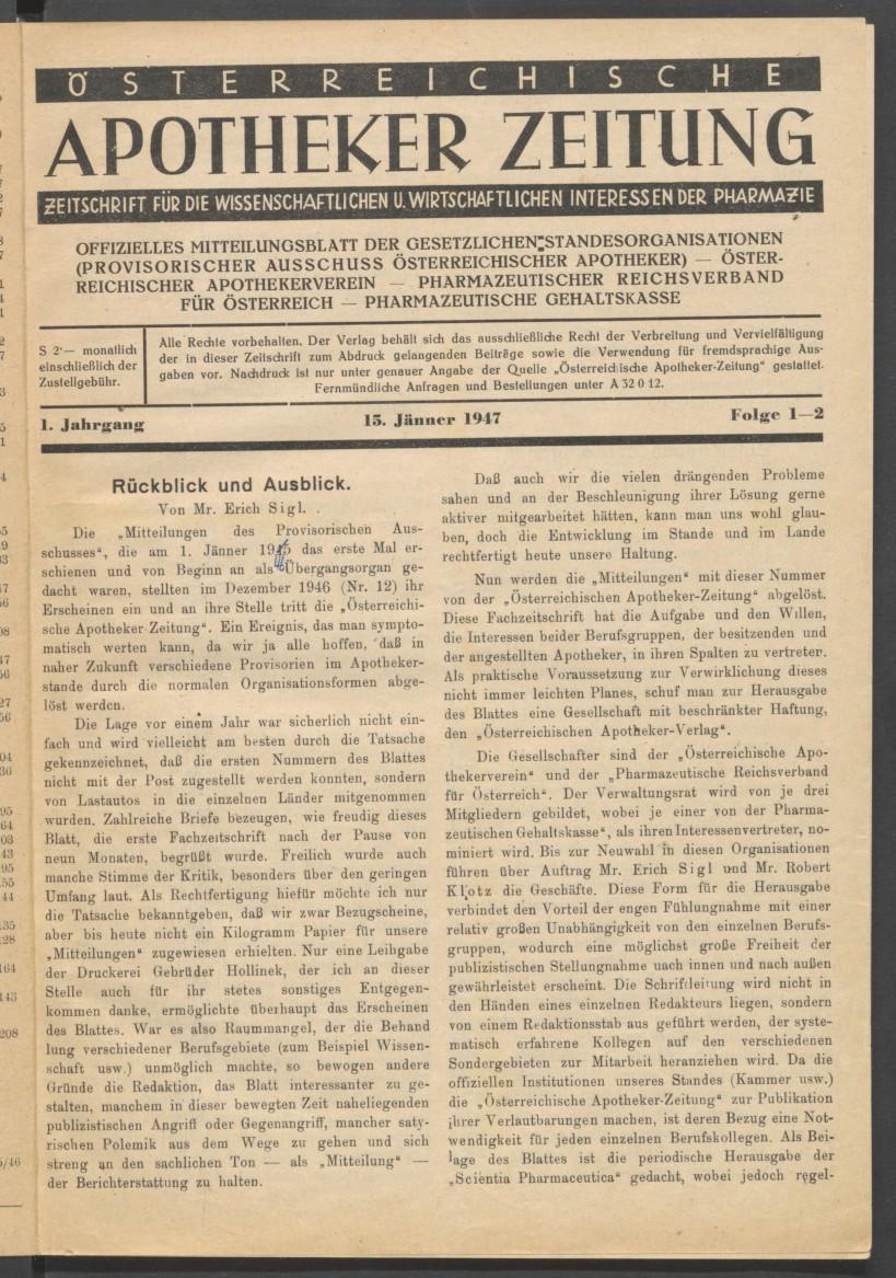 Österreichische Apotheker-Zeitung, 15.1.1947, Seite 1, ANNO/ÖNB