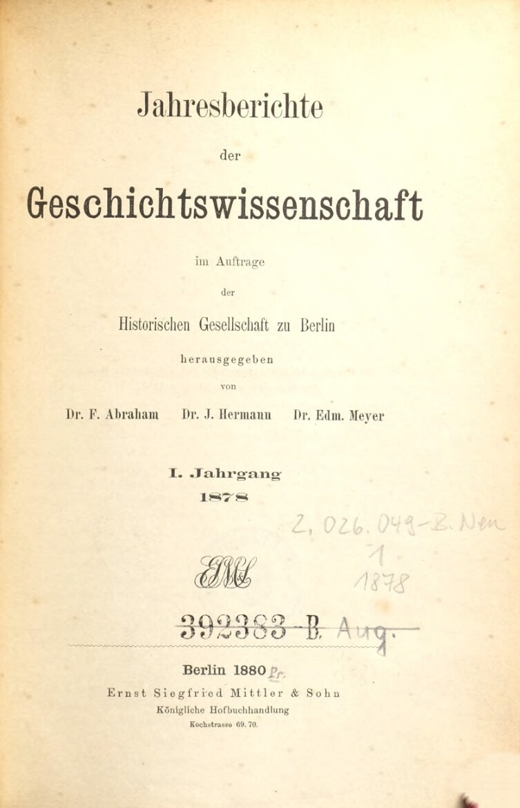 Jahresberichte der Geschichtswissenschaft, Jahrestitelblatt 1878, ANNO/ÖNB