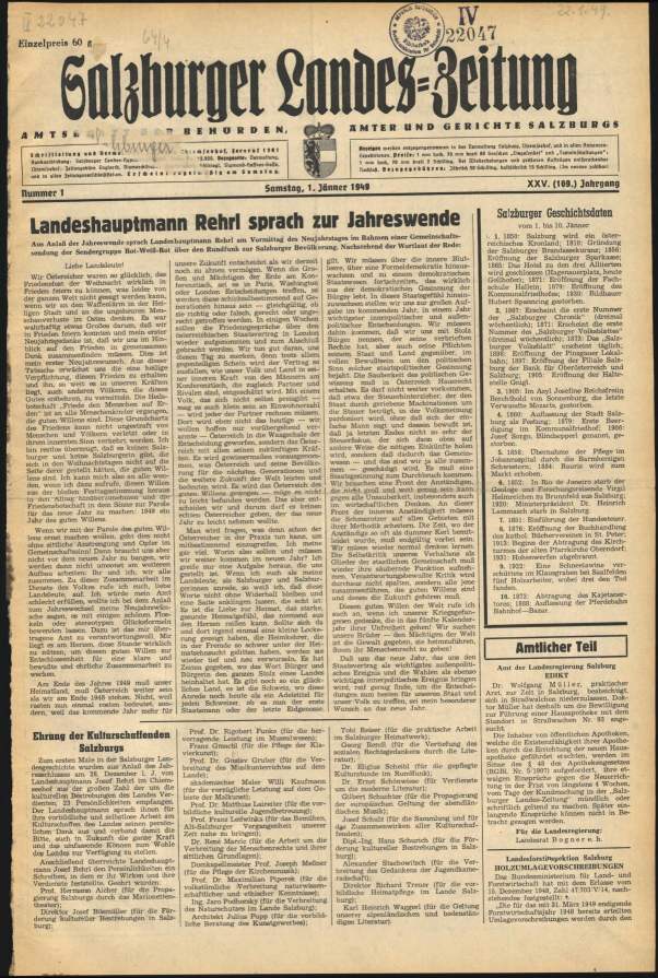Salzburger Zeitung, 1. Januar 1949, Seite 1, ANNO/ÖNB