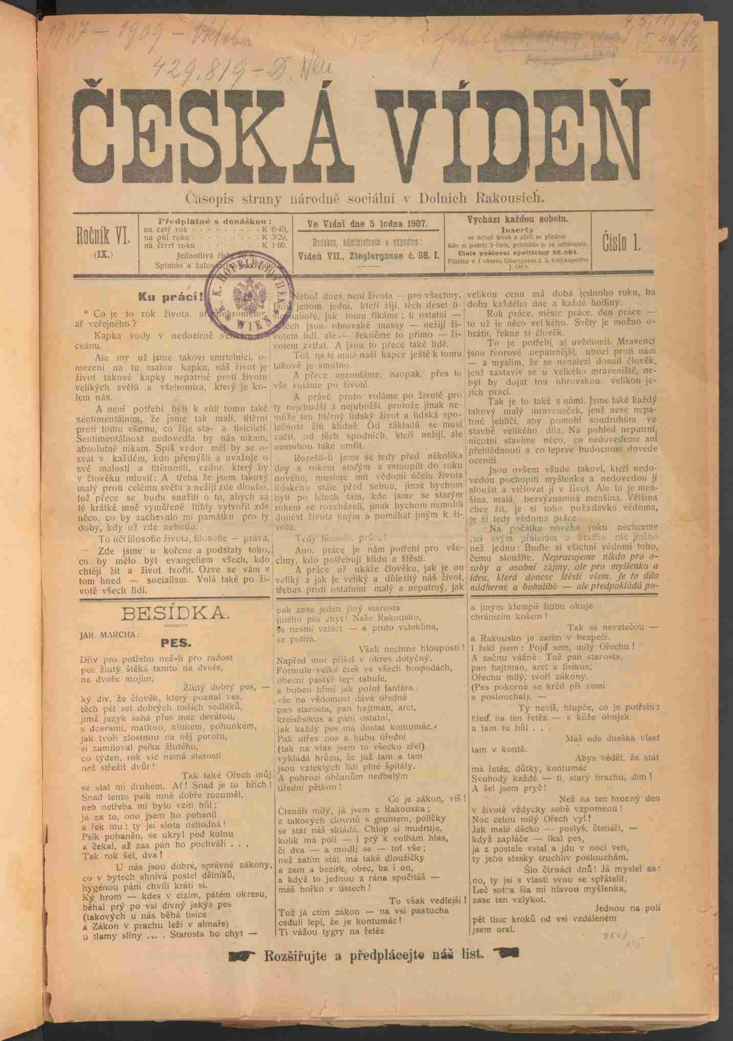 Česká Víden, 5.1.1907, Seite1, ANNO/ÖNB