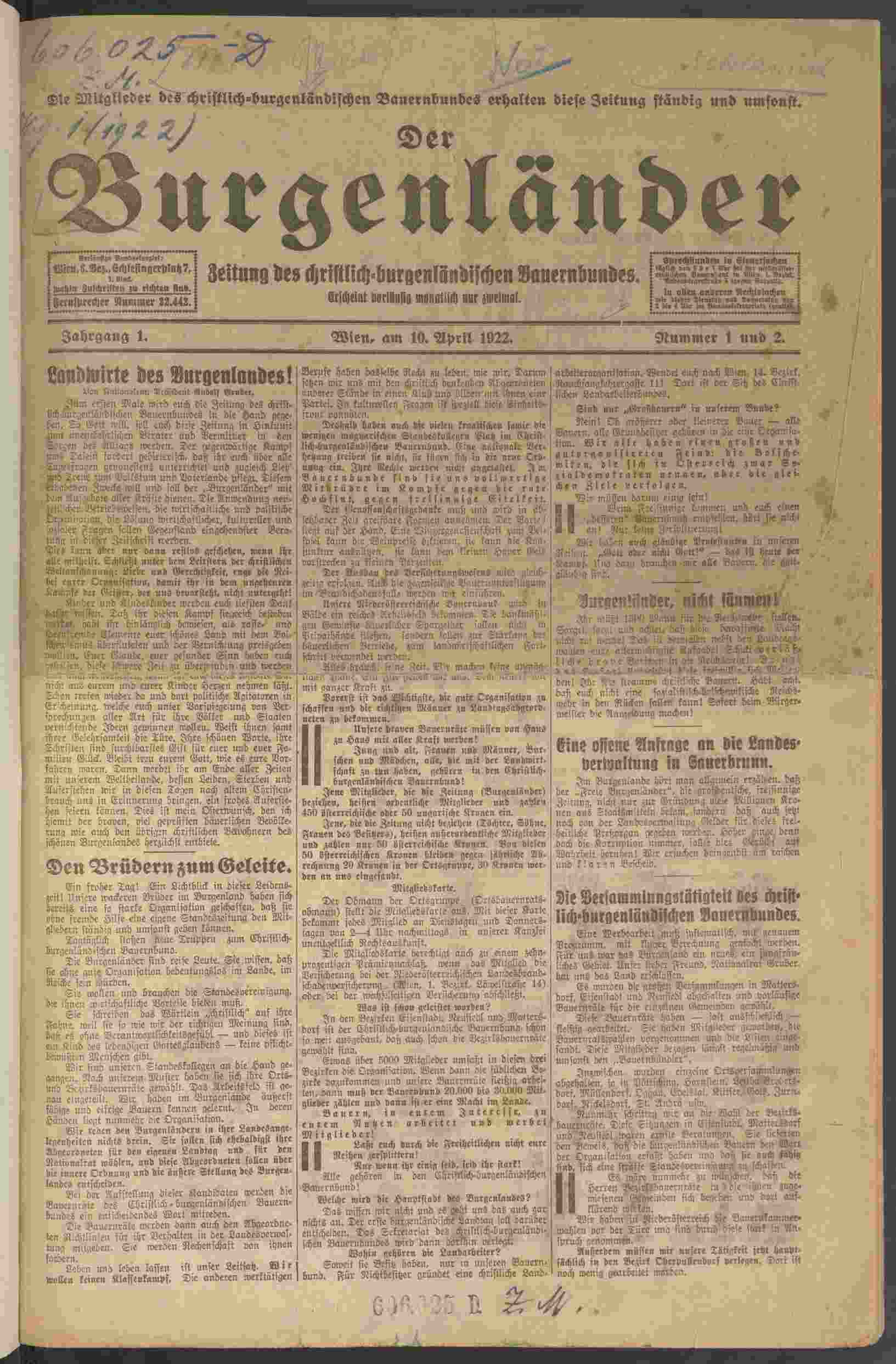 Der Burgenländer, 10.4.1922, Titelblatt, ANNO/ÖNB