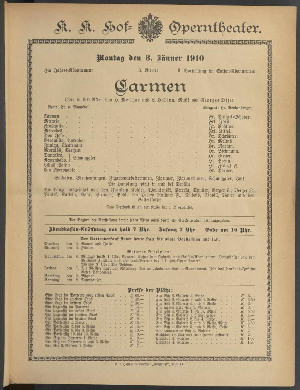 Theaterzettel des Hof-Operntheaters / Staatsoper, 3.1.1910, ANNO/ÖNB