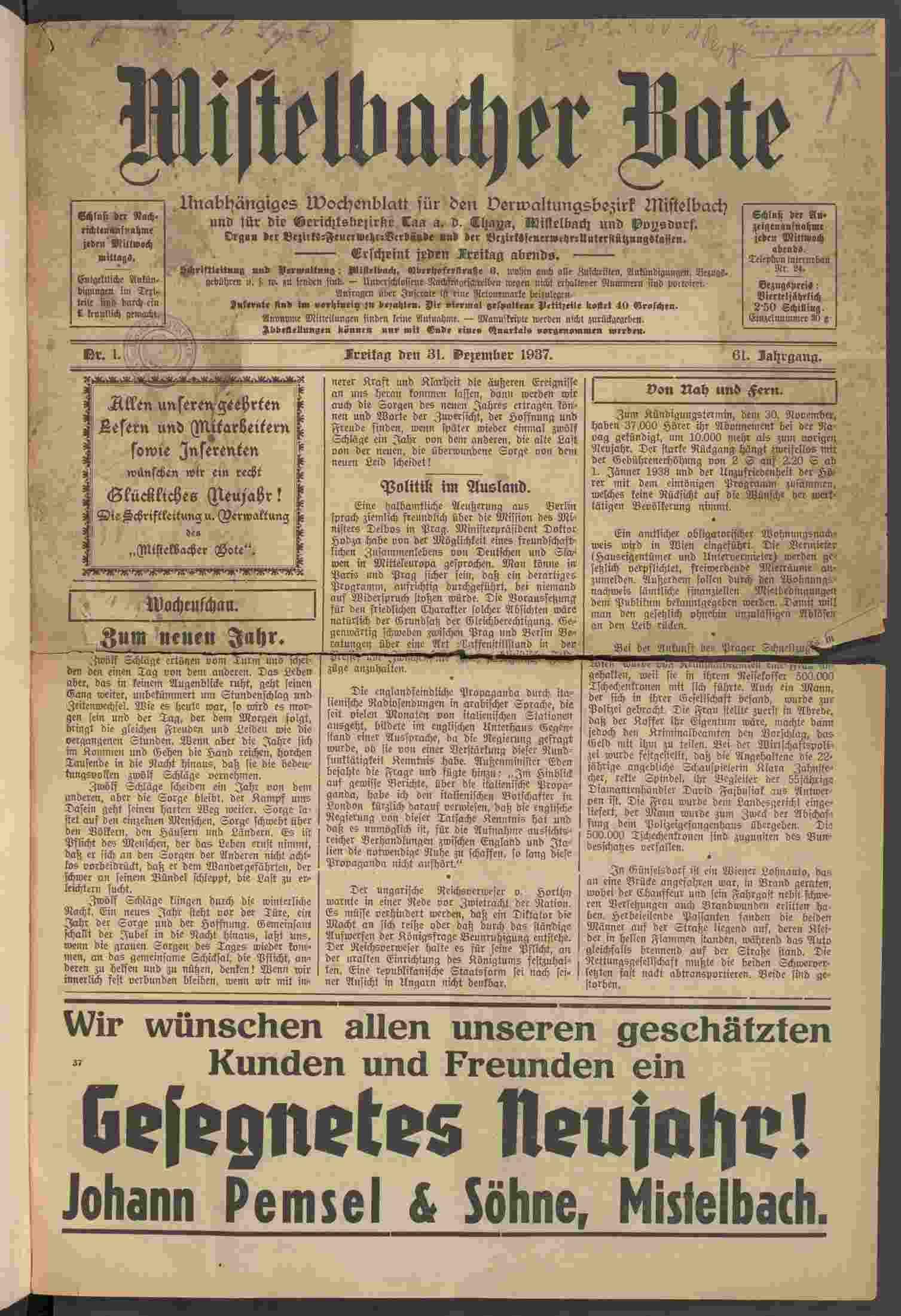 Bote aus Mistelbach, 31.12.1937, S. 1, ANNO/ÖNB
