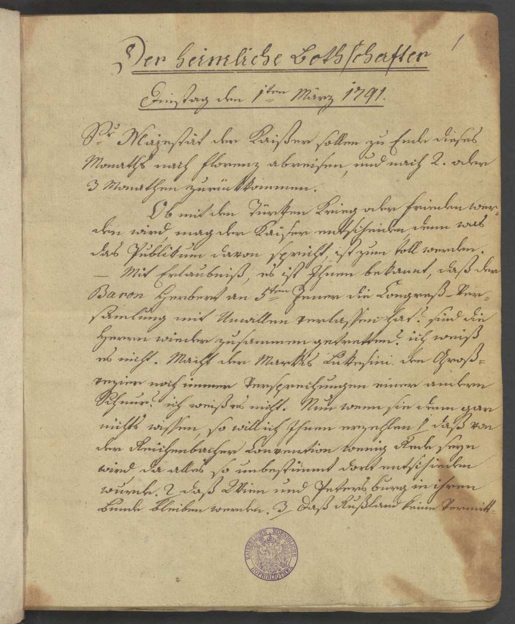 Der heimliche Botschafter, 1.3.1791, Seite 1, ANNO/ÖNB