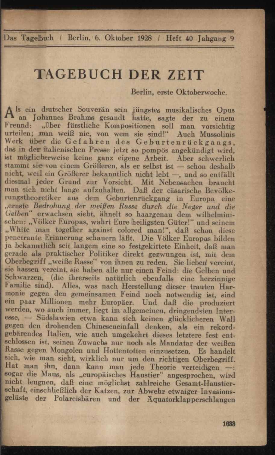 Das Tagebuch / Das Tage-Buch, 1928, Heft 40, S.1, ANNO/ÖNB