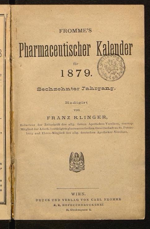 Fromme's Pharmaceutischer Kalender, Jahrestitelblatt 1879, ANNO/ÖNB