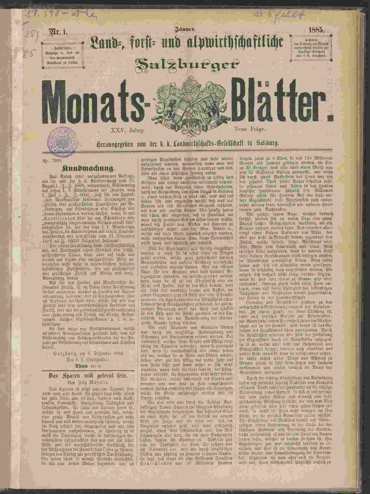 Wochen-Blatt des k.k. landwirthschaftlichen Vereines in Salzburg, Nr. 1, 1885, S. 1, ANNO/ÖNB 