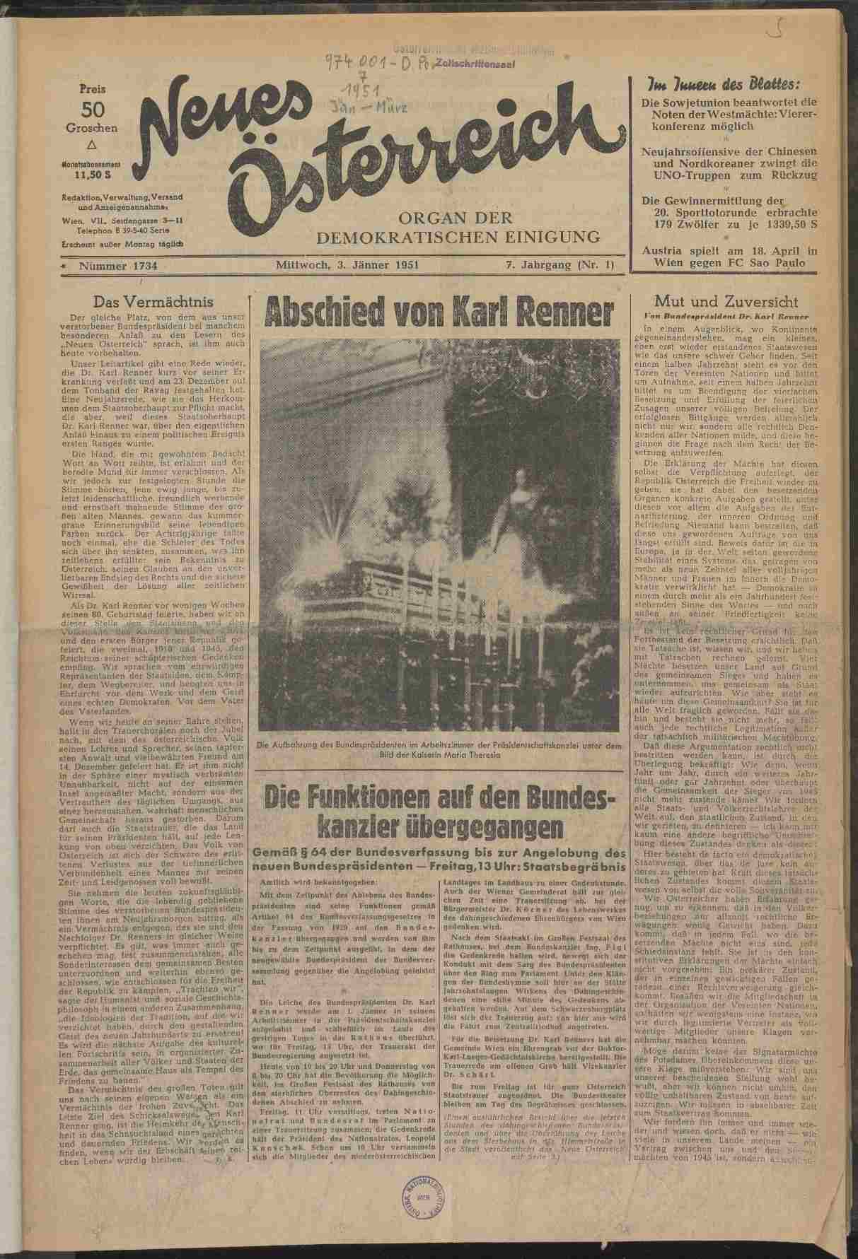 Neues Österreich, 3.1.1951, S. 1, ANNO/ÖNB