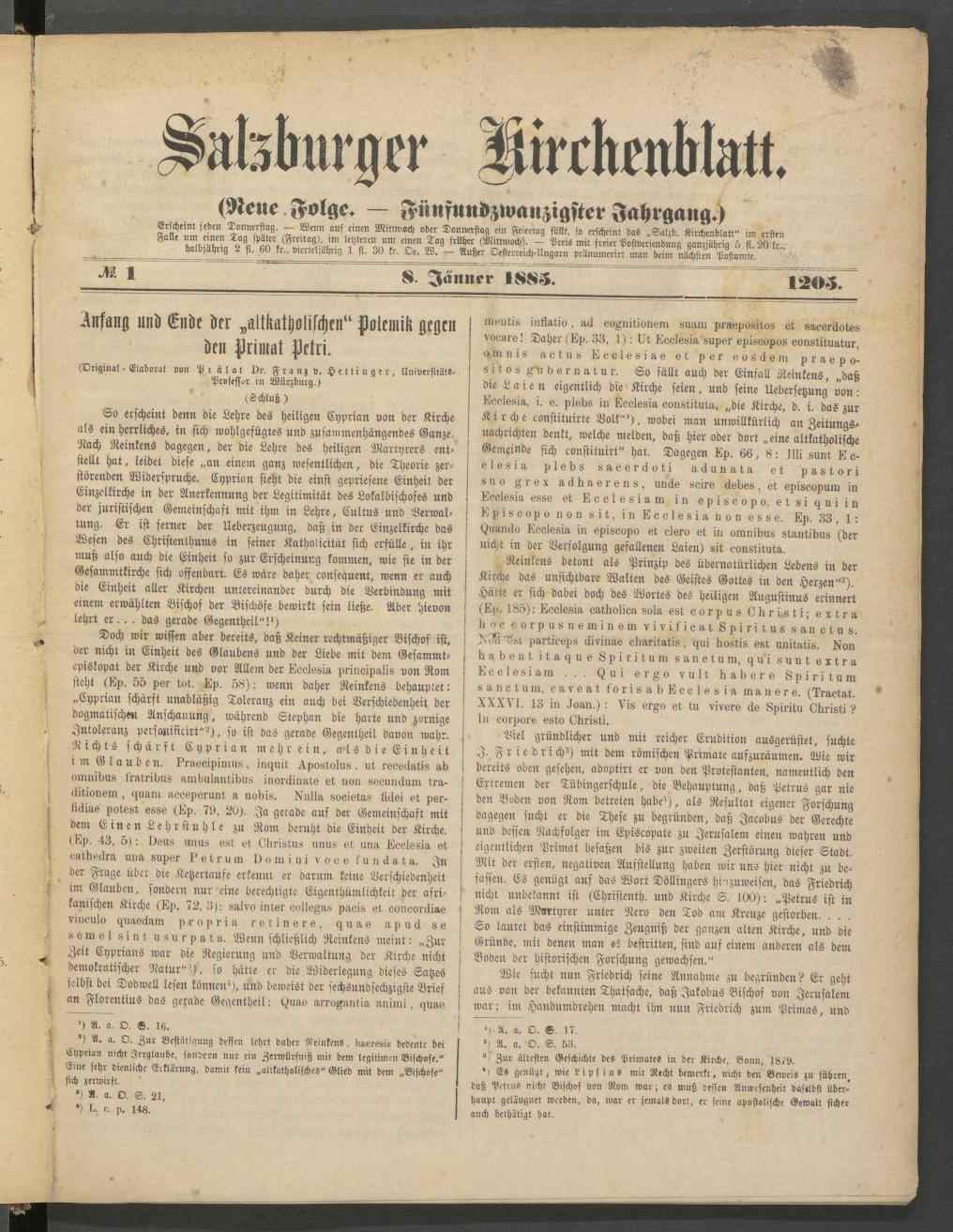 Salzburger Kirchenblatt, 8.1.1885, Seite 1, ANNO/ÖNB