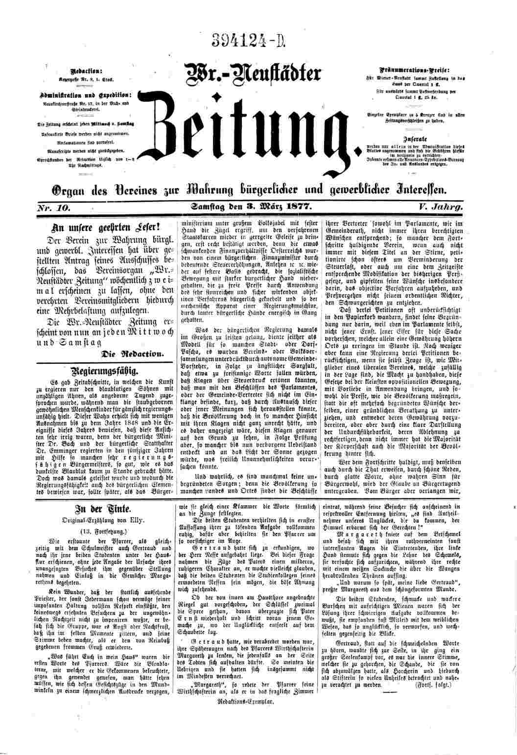 Wiener-Neustädter Zeitung, 3.3.1877, S.1, ANNO/ÖNB