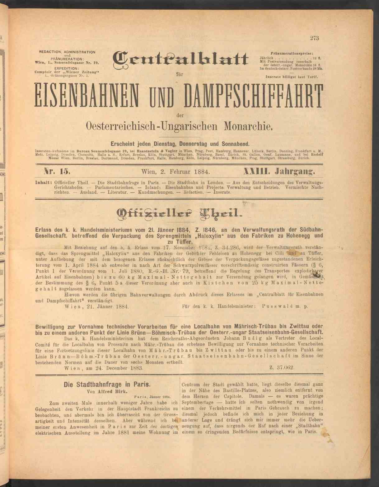 Centralblatt für Eisenbahnen und Dampfschifffahrt in Oesterreich, 2.2.1884, S. 273, ANNO/ÖNB