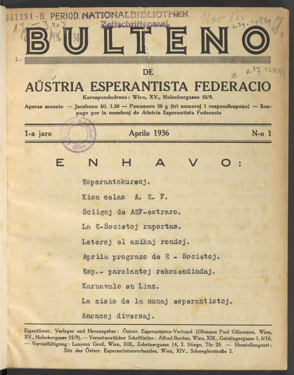 Bulteno de Aŭstria Esperantista Federacio, April 1936, S.1, ANNO/ÖNB