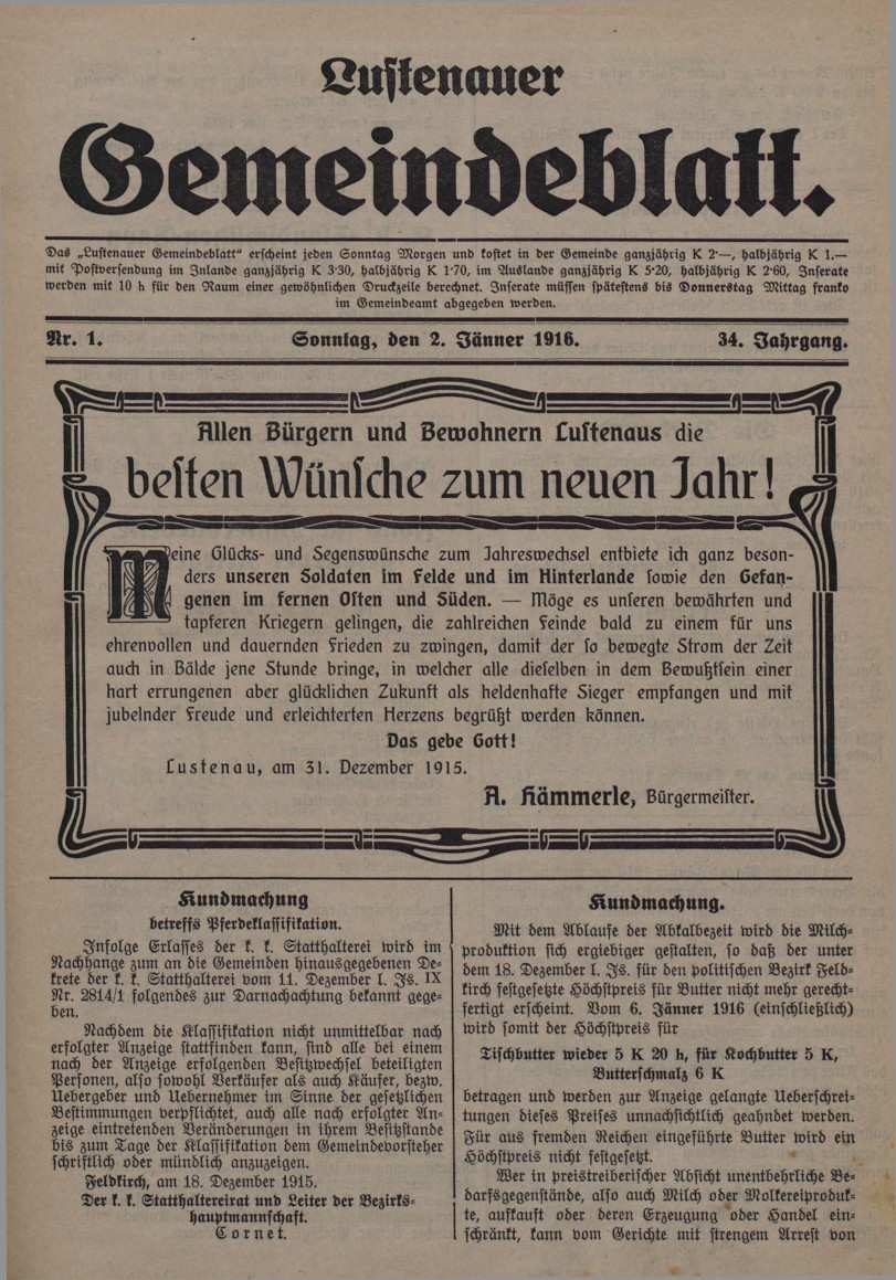 Lustenauer Gemeindeblatt, 2.1.1916, S. 1, ANNO/ÖNB