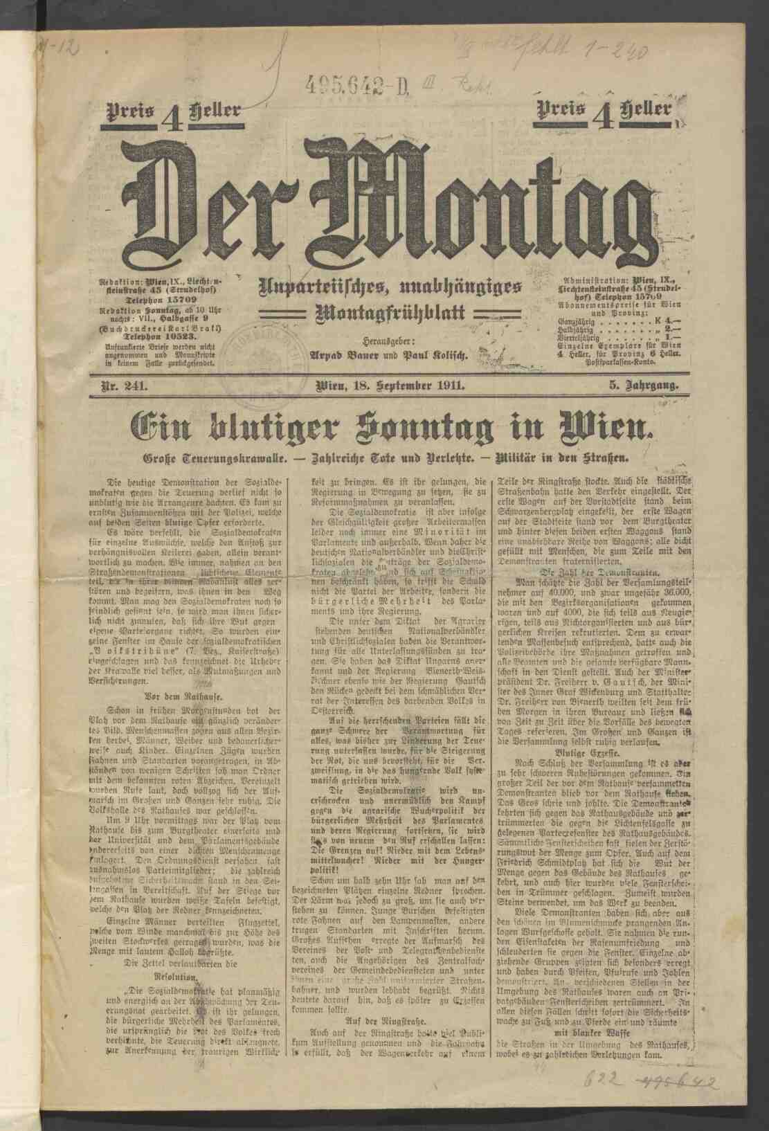 Der Montag, 18.09.1911, S.1, ANNO/ÖNB