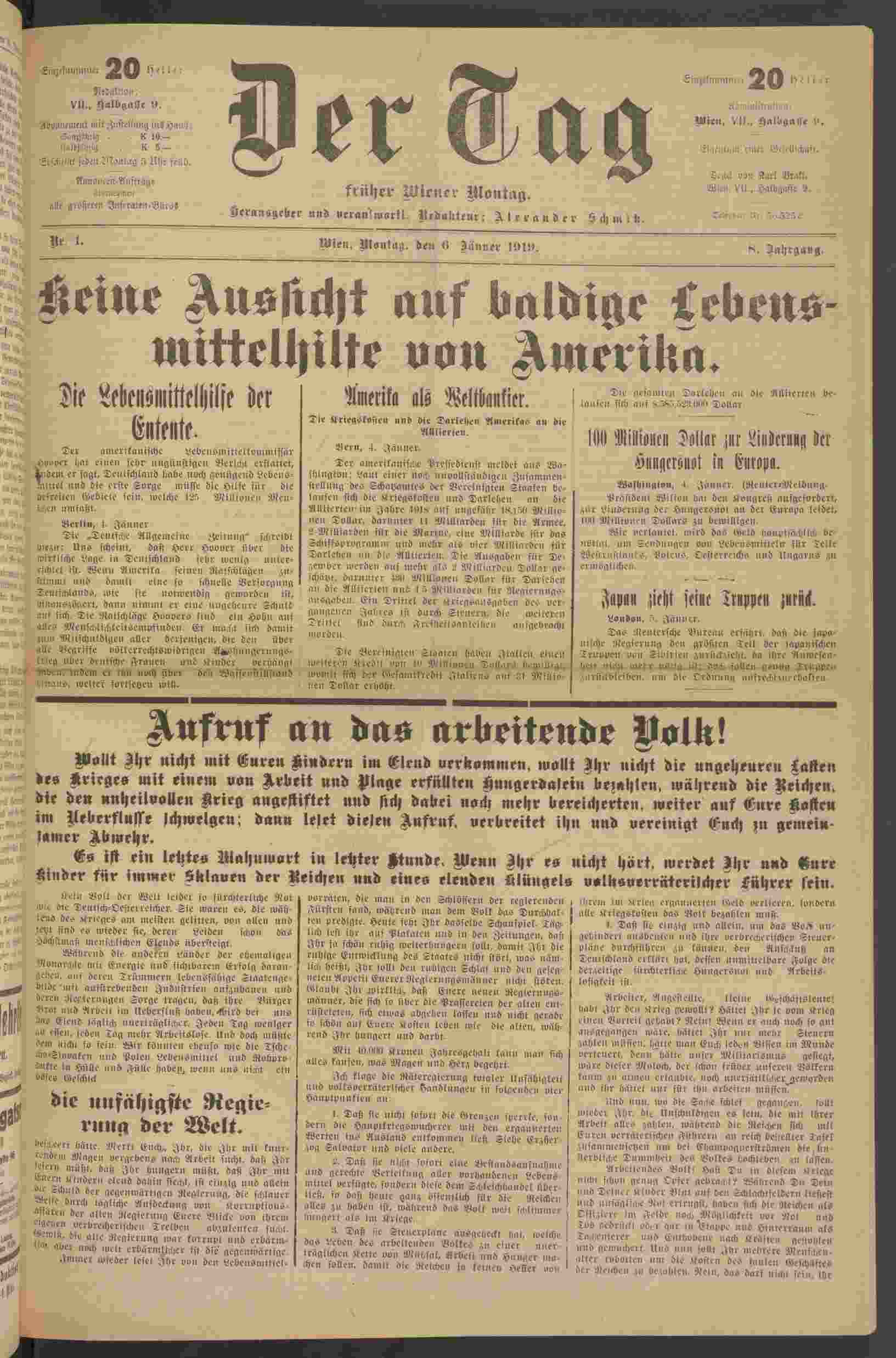 Der Tag, 6.1.1919, S.1, ANNO/ÖNB