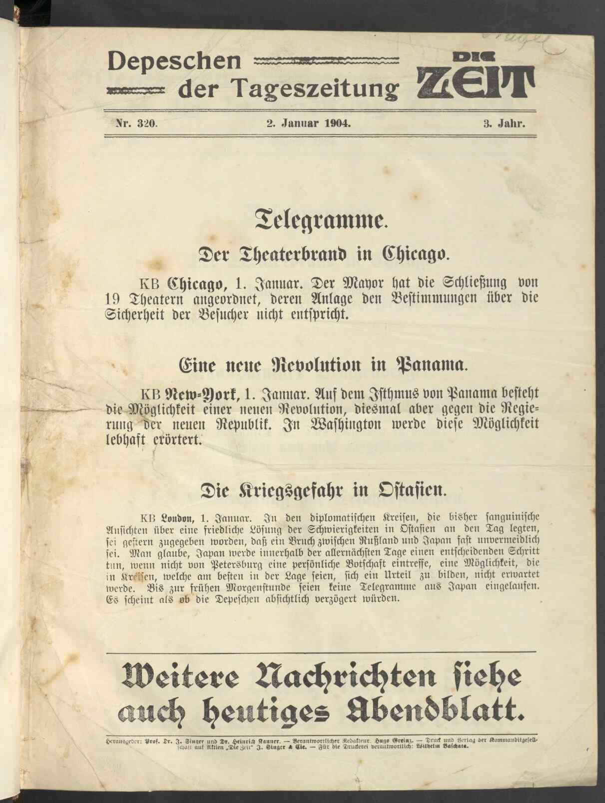 Depeschen der Tageszeitung Die Zeit, 2.1.1904, S.1, ANNO/ÖNB