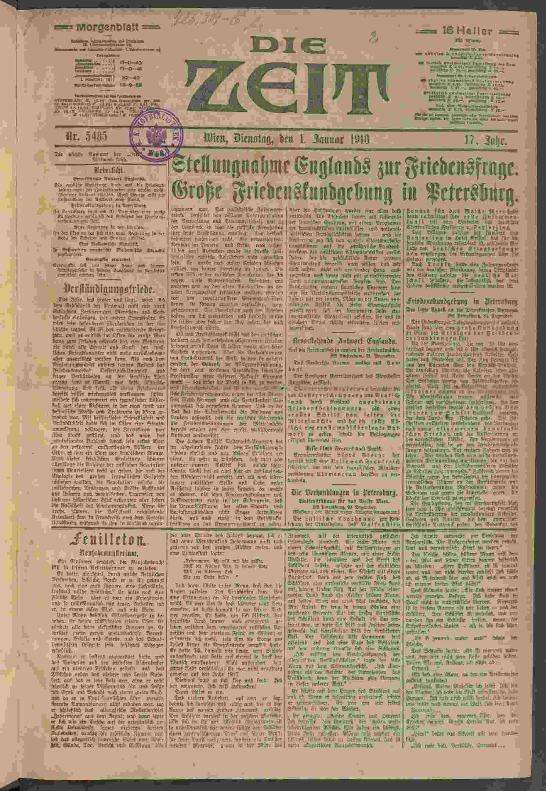 Die Zeit, 1.1.1918, Seite 1, ANNO/ÖNB