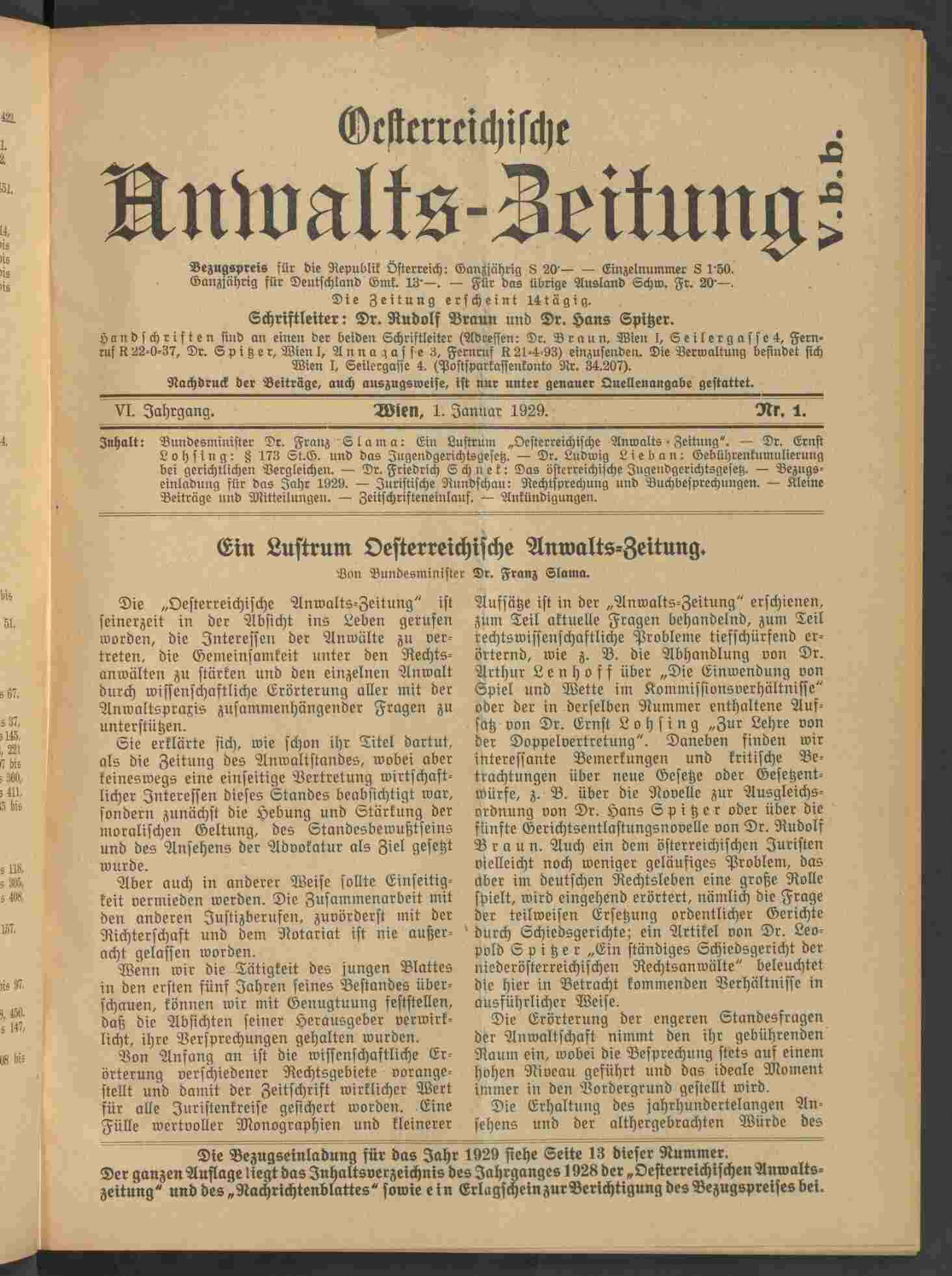 Österreichische Anwalts-Zeitung, Nr. 1, 1929, S. 1, ANNO/ÖNB
