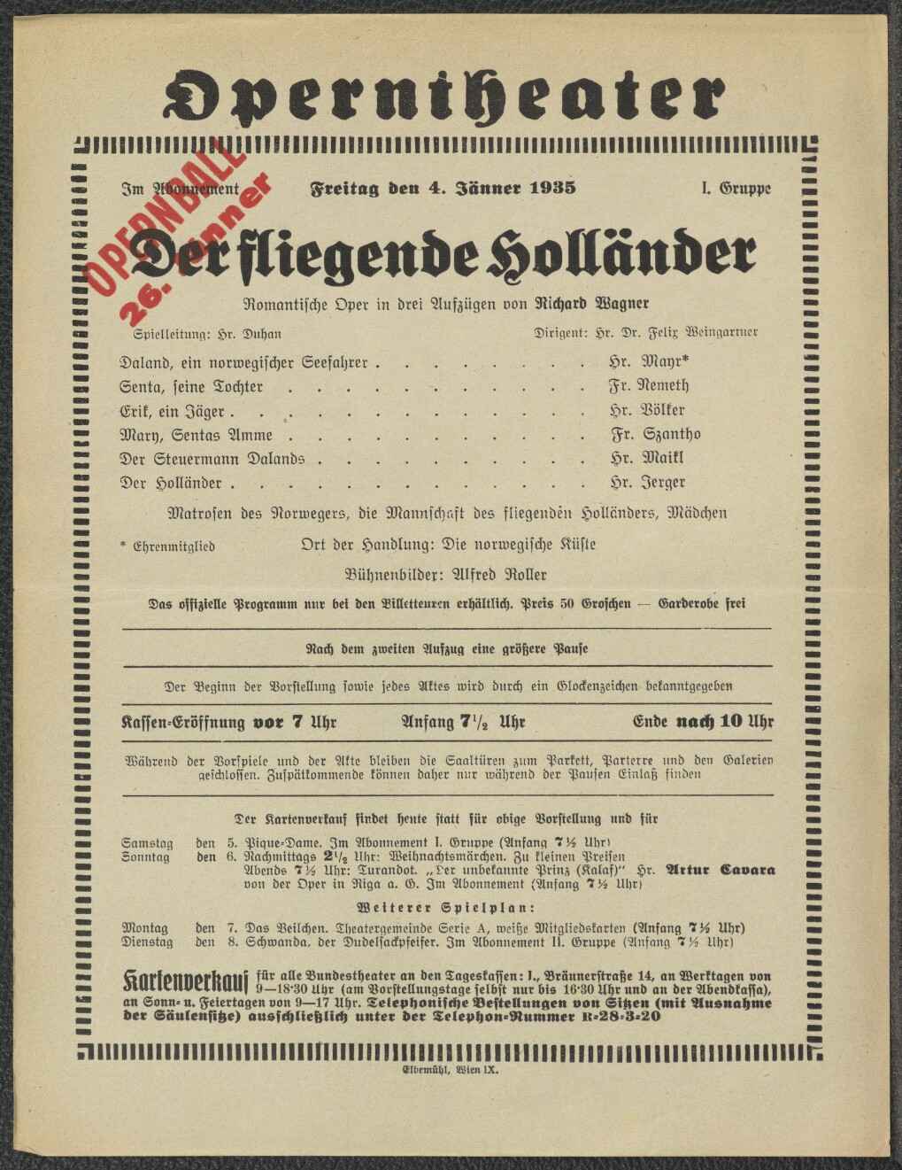 Theaterzettel des Hof-Operntheaters / Staatsoper, 4.1.1935, ANNO/ÖNB