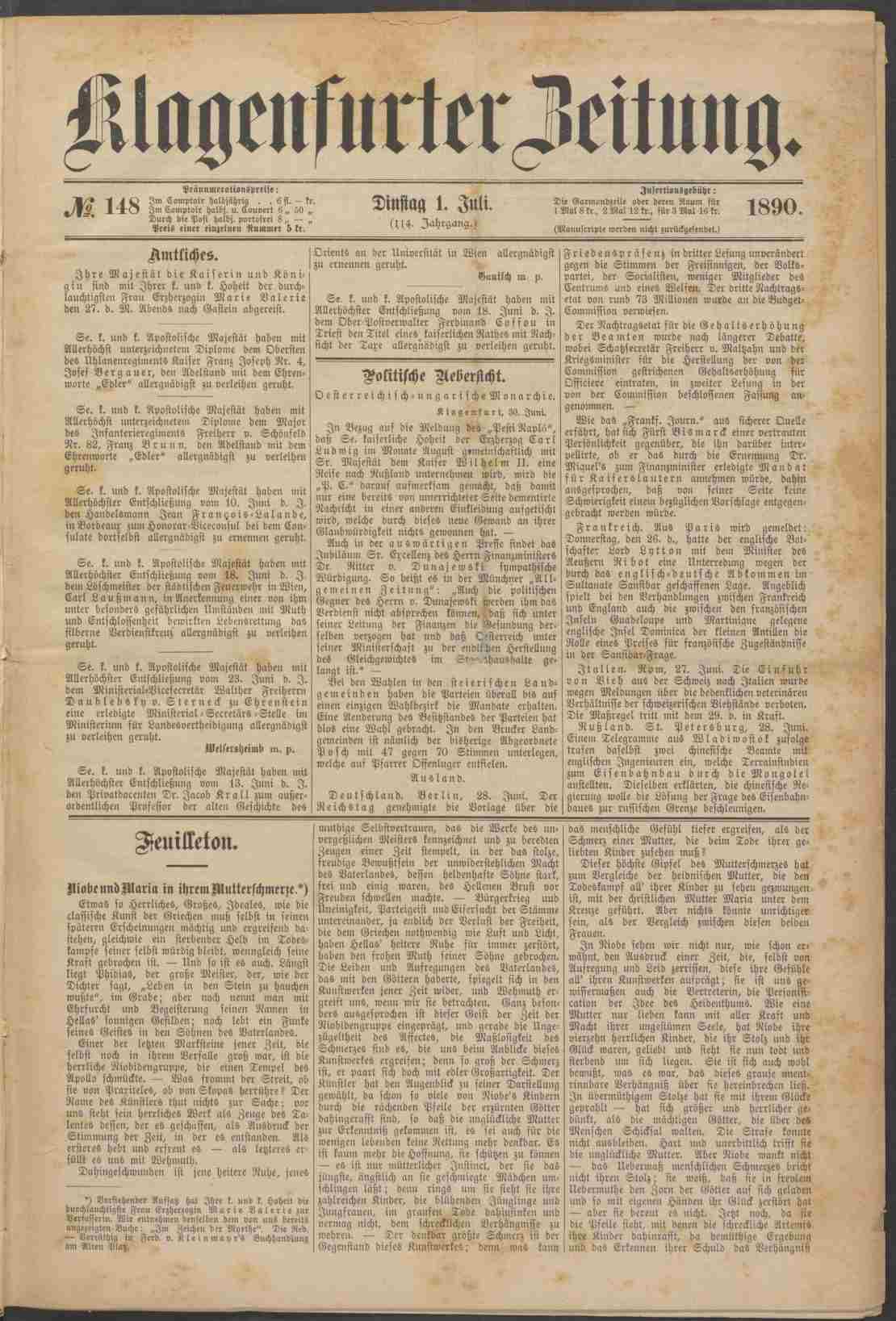 Klagenfurter Zeitung, 1.7.1890, S. 1, ANNO/ÖNB