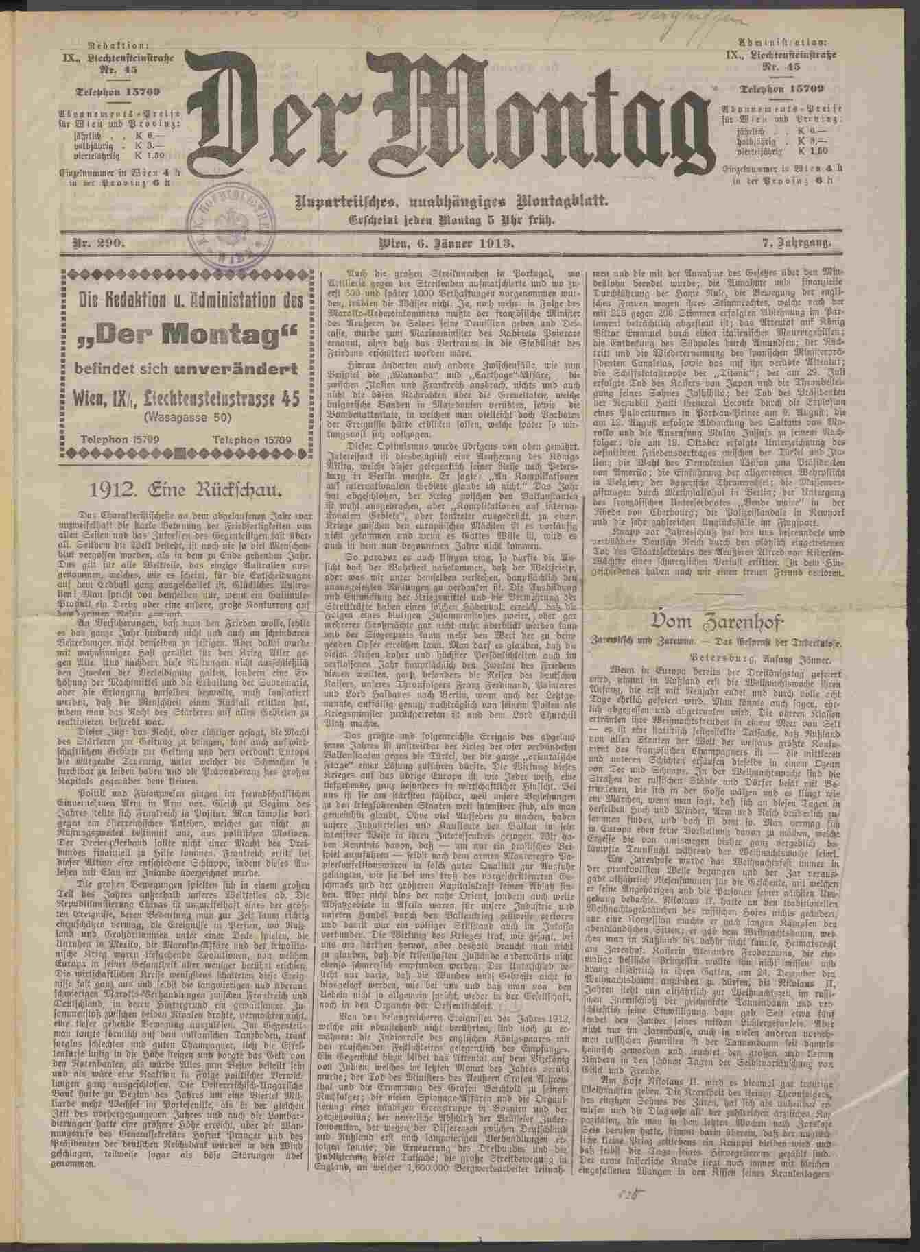 Der Montag, 6.1.1913, S.1, ANNO/ÖNB