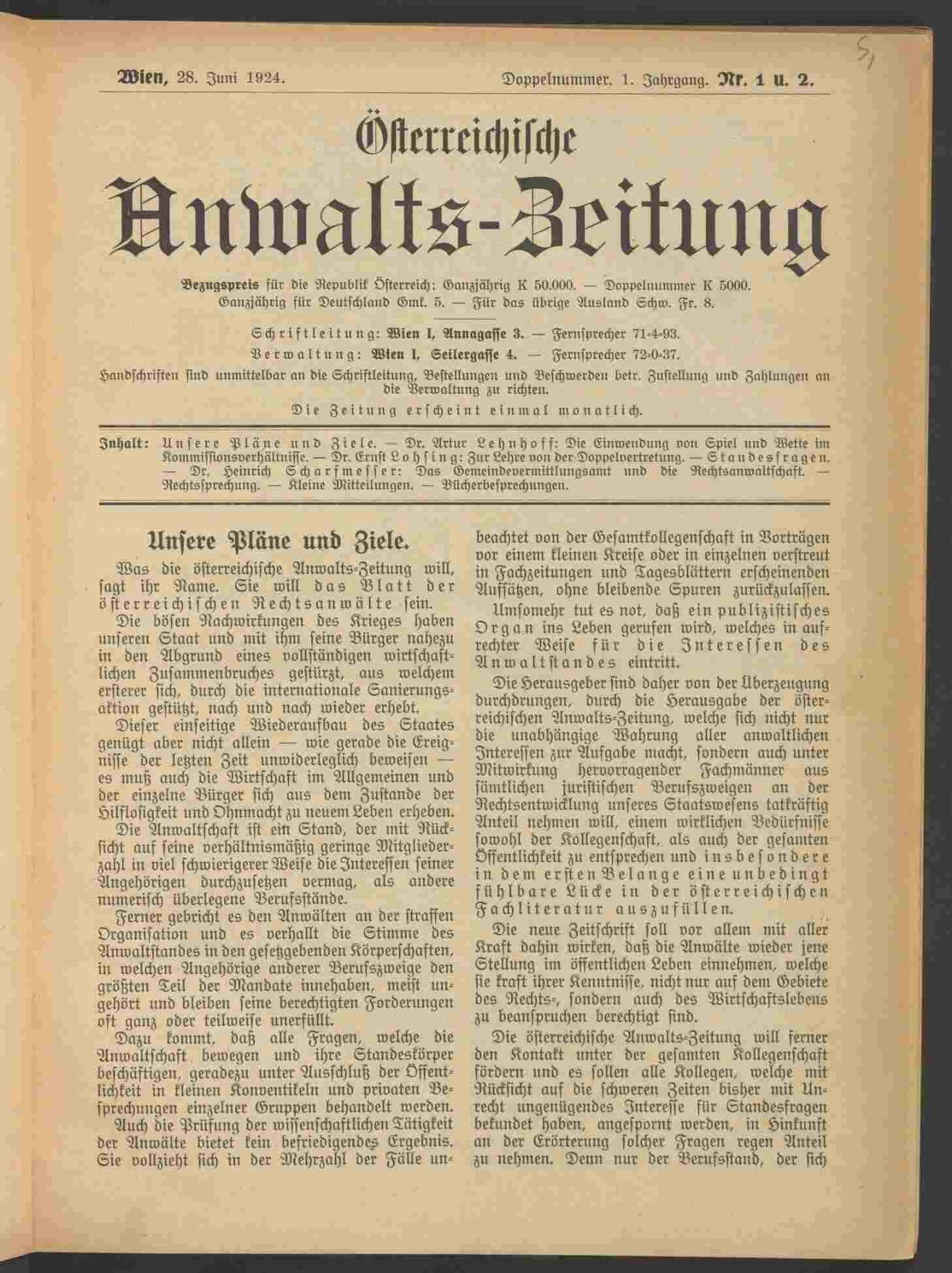 Österreichische Anwalts-Zeitung, Nr. 1/2, 1924, S. 1, ANNO/ÖNB
