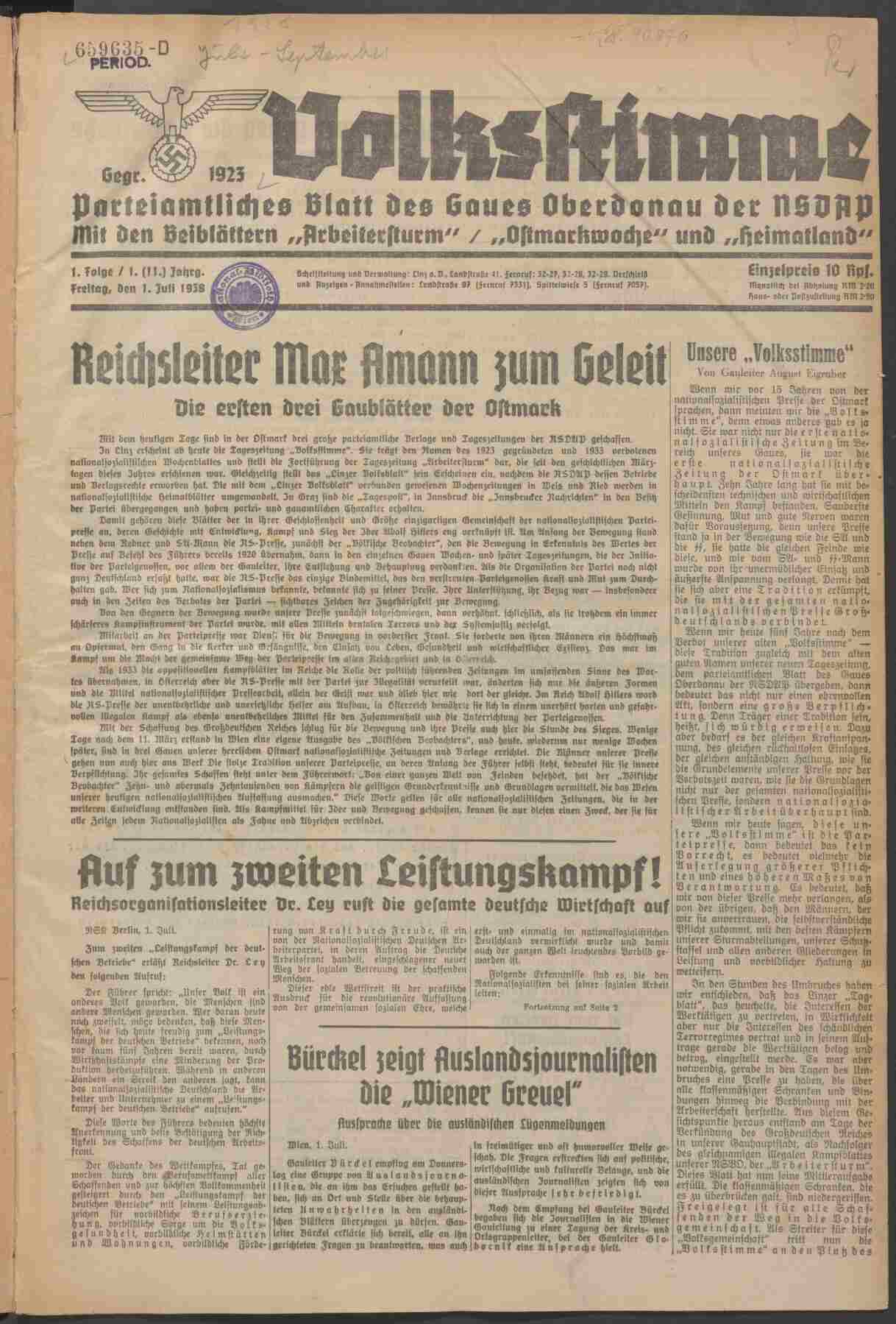 Volksstimme, 1.7.1938, S.1, ANNO/ÖNB