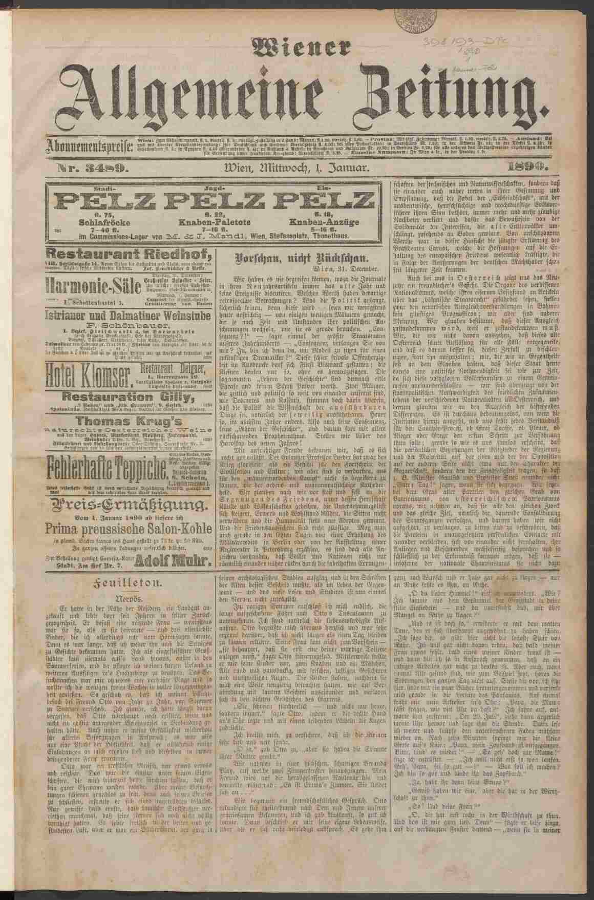 Wiener Allgemeine Zeitung, 1.1.1890, S.1, ANNO/ÖNB