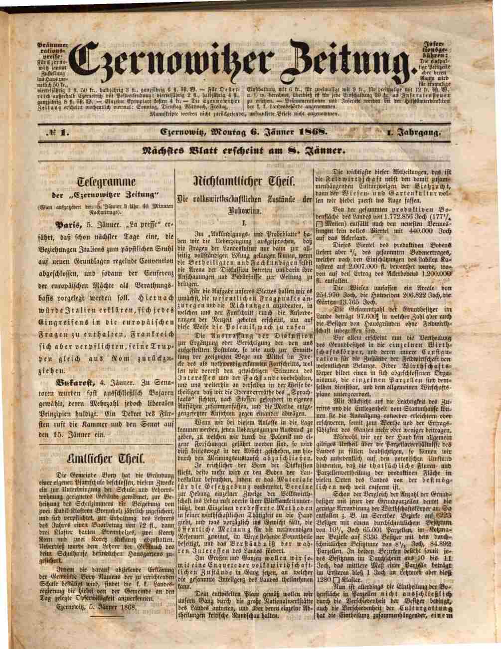 Czernowitzer Zeitung, 6.1.1868, S. 1, ANNO/ÖNB