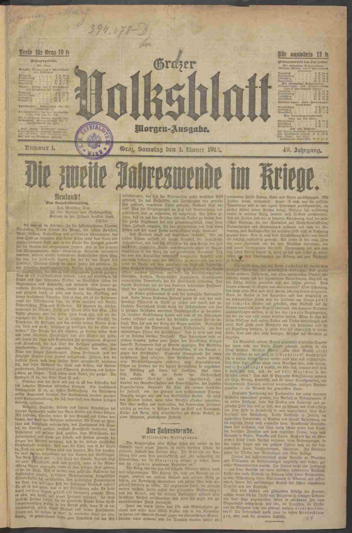 Grazer Volksblatt, 1.1.1916, S.1, ANNO/ÖNB