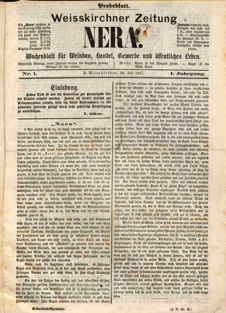 Weißkirchner Zeitung Nera, 28.7.1867, S.1, ANNO/ÖNB