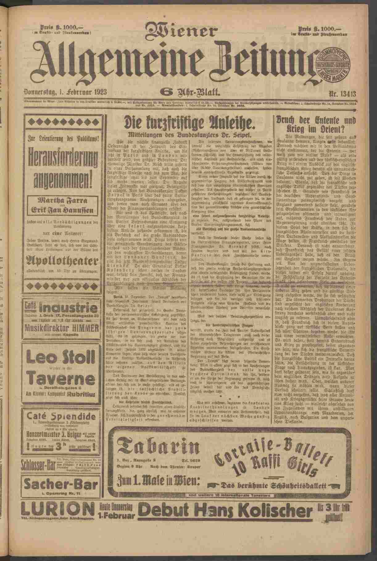 Wiener Allgemeine Zeitung, 1.2.1923, S.1, ANNO/ÖNB