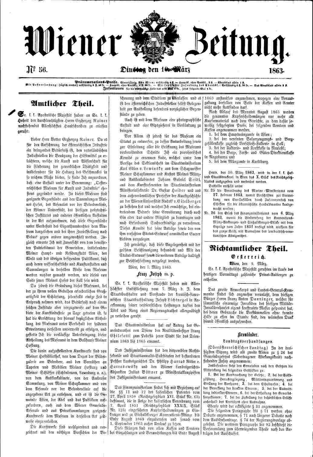 Wiener Zeitung, 10.3.1863, S. 1, Amtliche Verordnung von Kaiser Farnz Josef I.