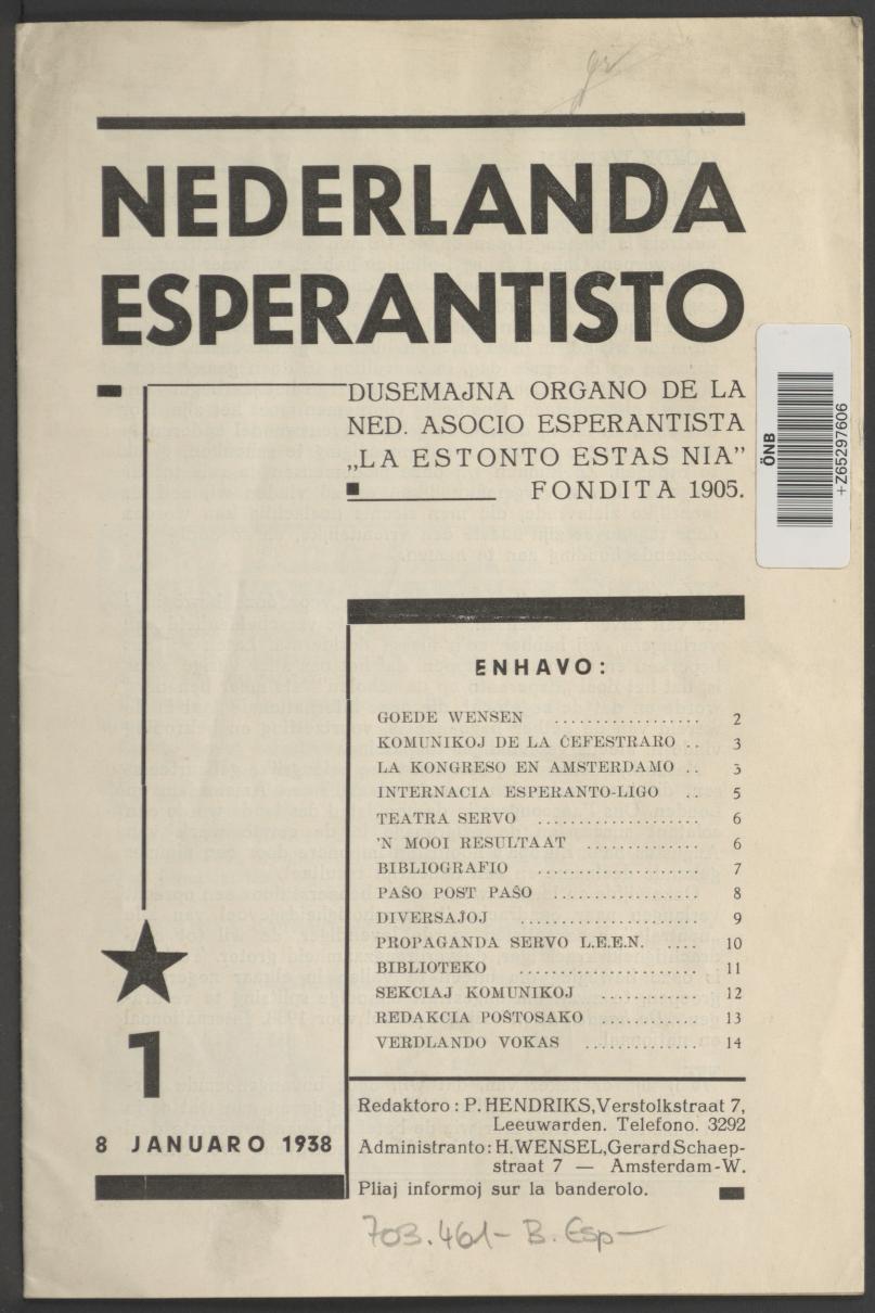Nederlanda esperantisto, 8.1.1938, Titelblatt, ANNO/ÖNB