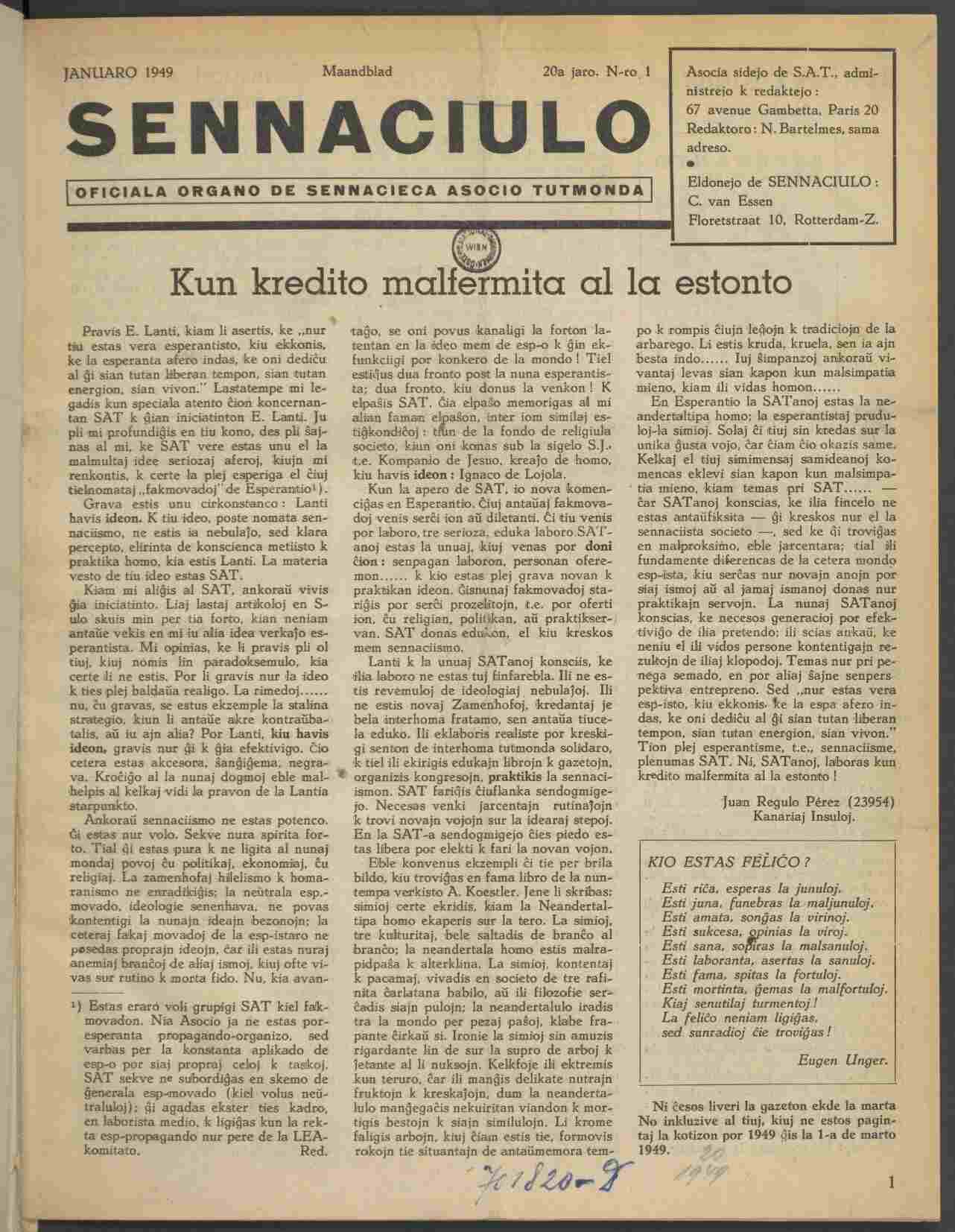 Sennaciulo, 1.1.1949, Titelblatt, ANNO/ÖNB