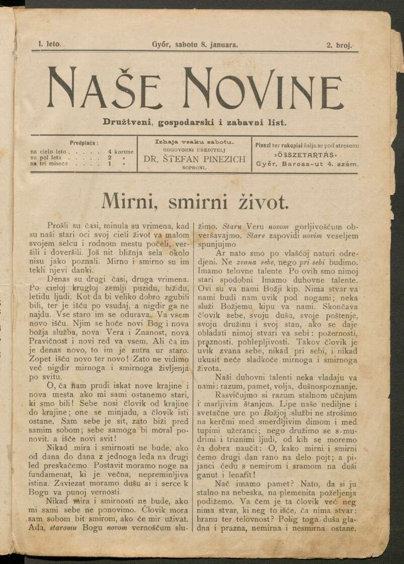 Naše Novine, 8.1.1910, Titelblatt, ANNO/ÖNB