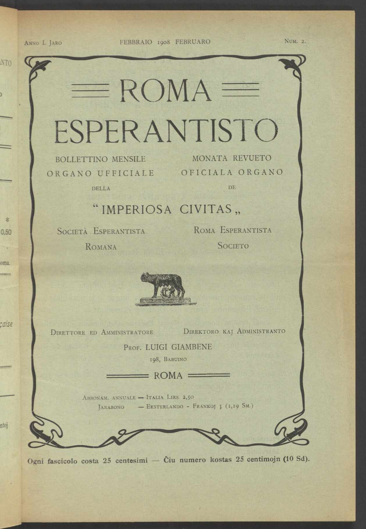 Roma esperantisto, Heft 2, 1908, Titelblatt, ANNO/ÖNB