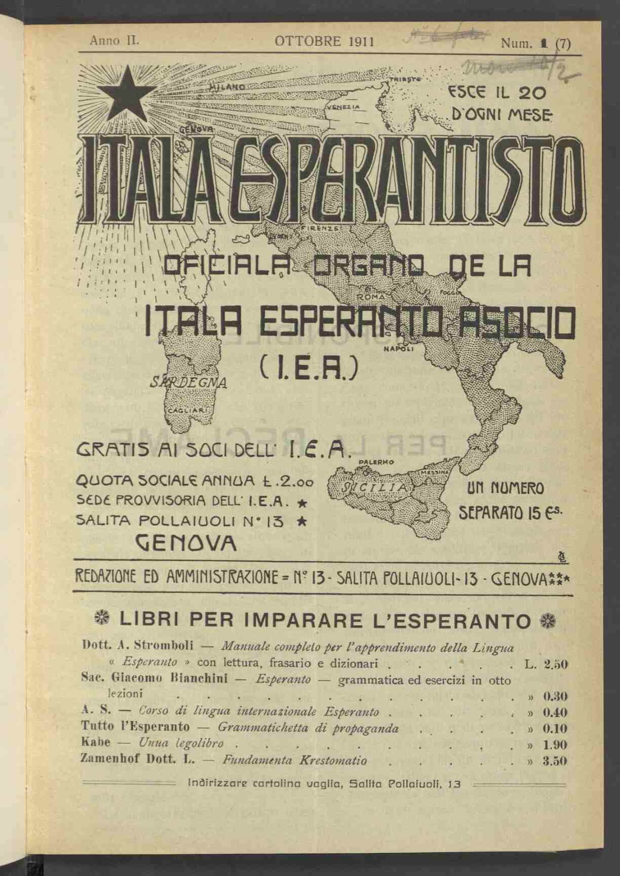 Itala esperantisto, Heft 1, 1911, Titelblatt, ANNO/ÖNB