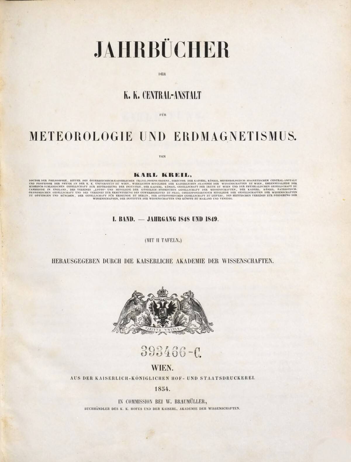 Jahrbücher der K.K. Central-Anstalt für Meteorologie und Erdmagnetismus, 1884, Jahrestitelblatt, ANNO/ÖNB