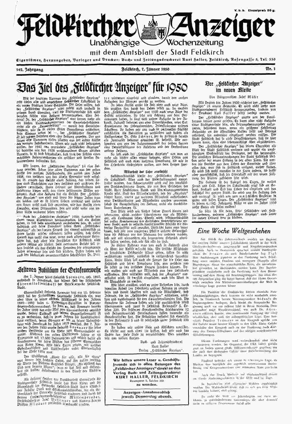 Feldkircher Anzeiger, 7.1.1950, S.1. ANNO/ÖNB