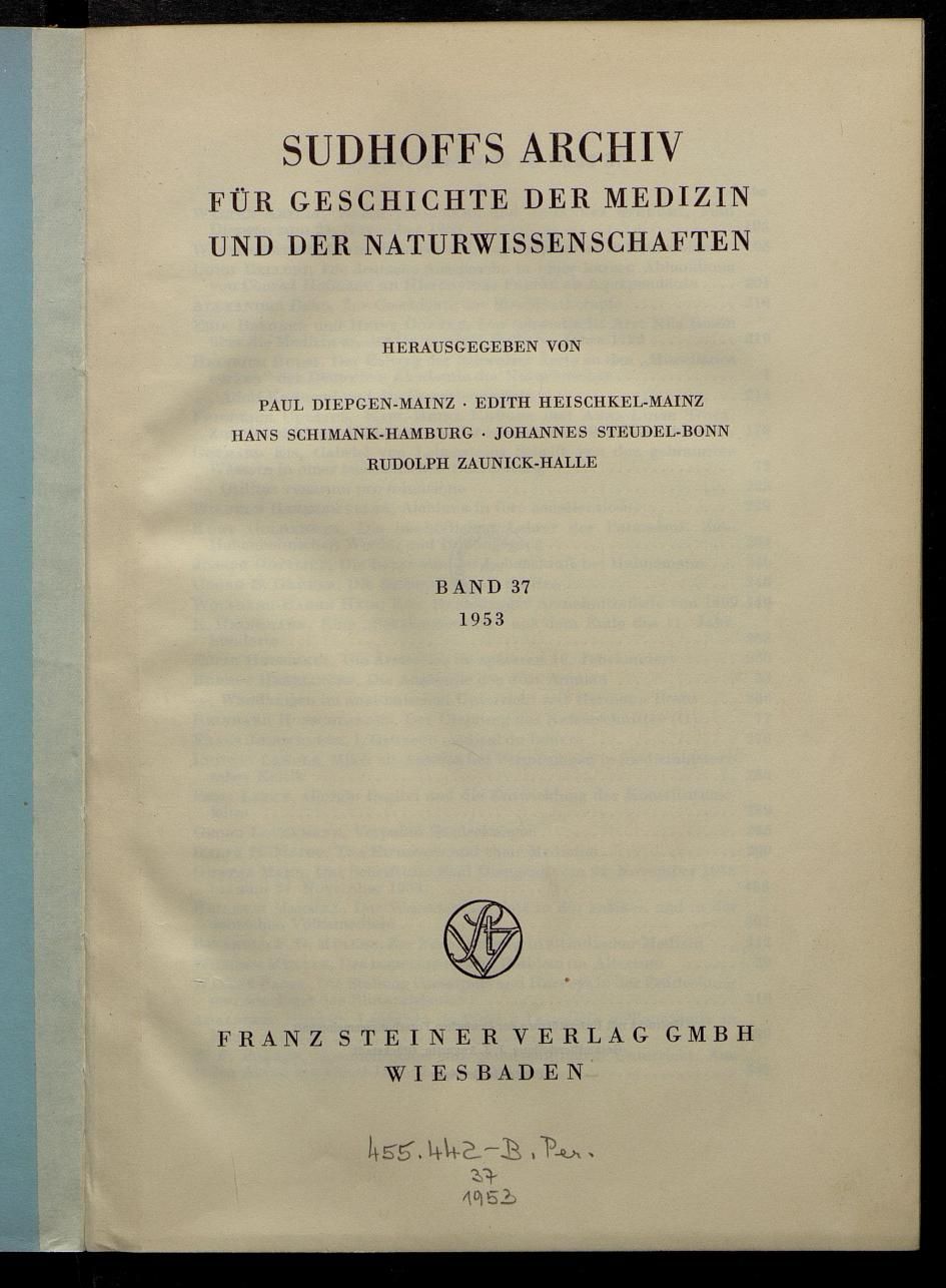 Archiv für Geschichte der Medizin, 1953, Jahrestitelblatt, ANNO/ÖNB