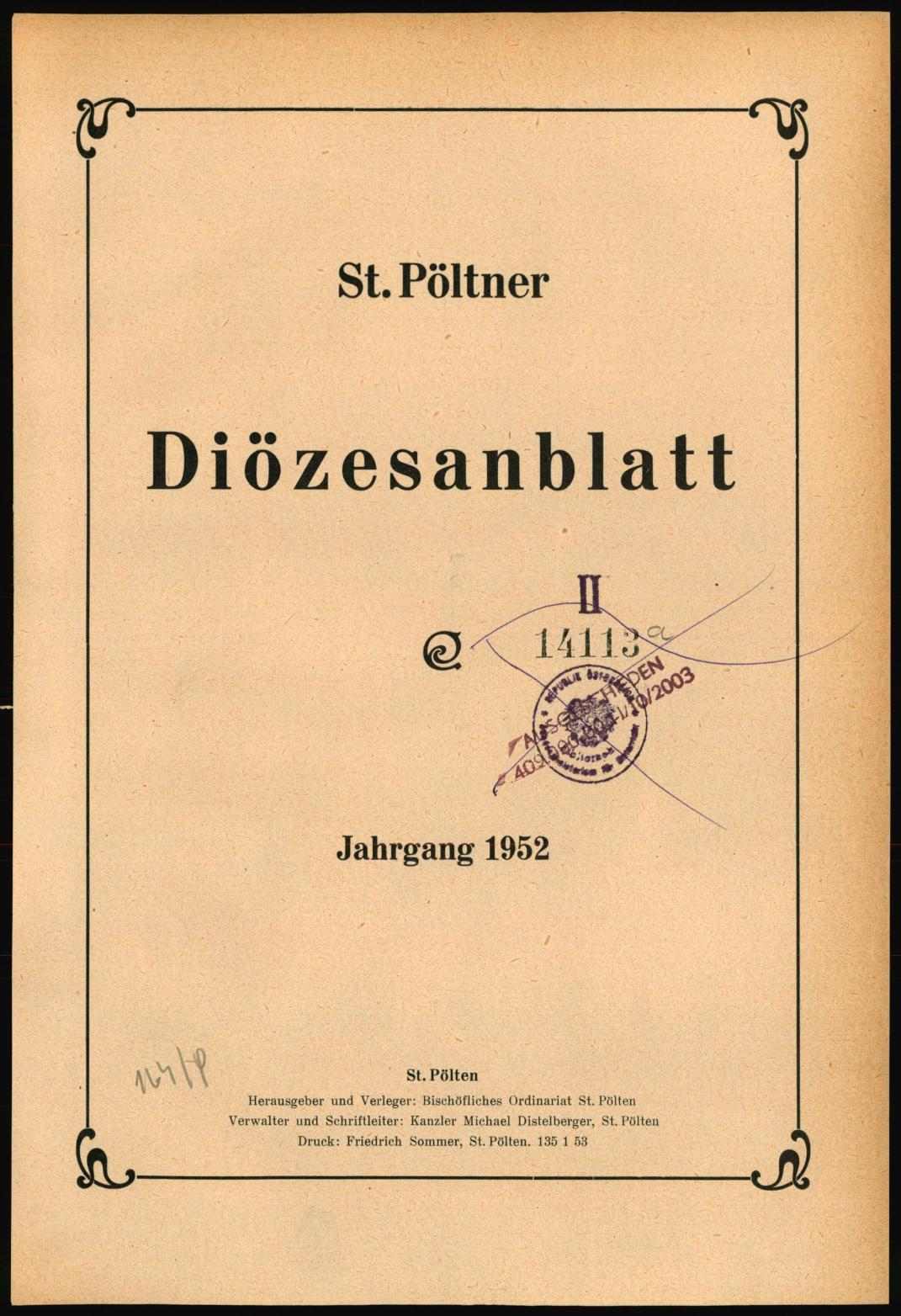 St. Pöltner Diözesanblatt, 1952, Jahrestitelblatt, ANNO/ÖNB