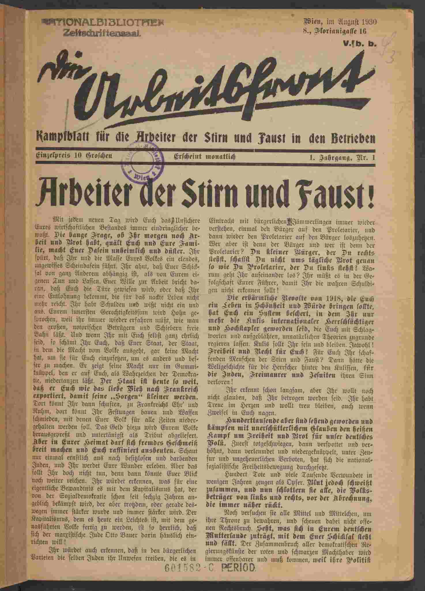 Die Arbeitsfront, 1930, Heft 1, S.1, ANNO/ÖNB