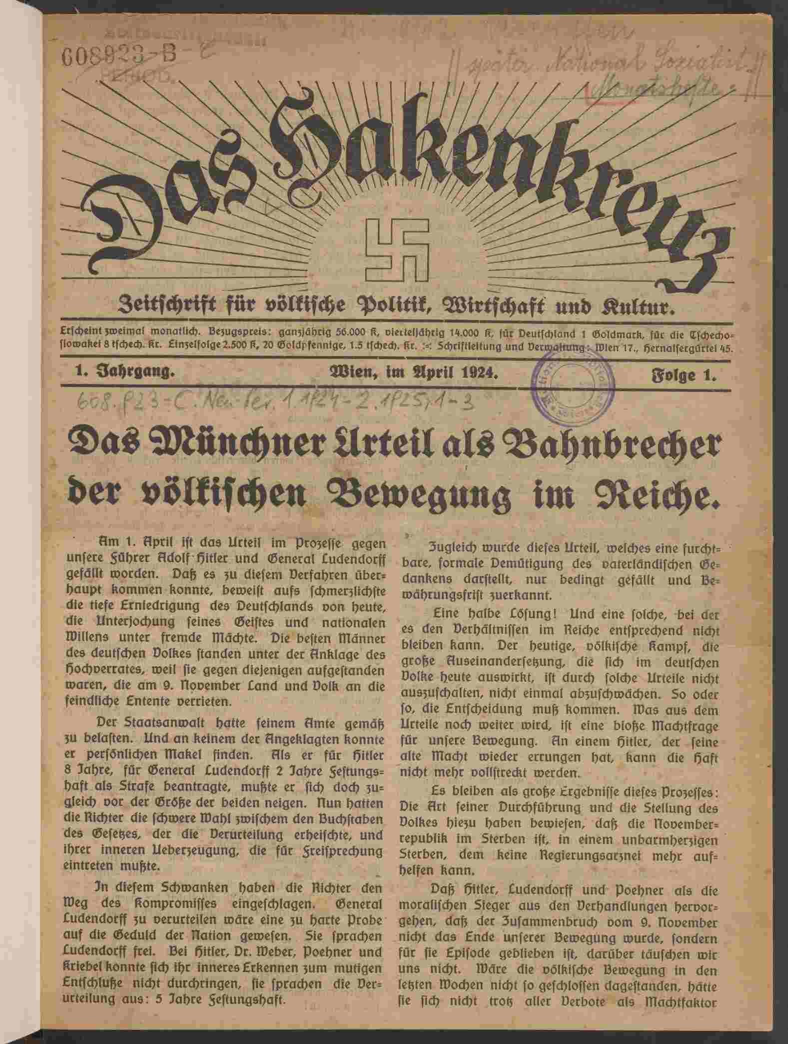 Das Hakenkreuz, 1924, Heft 1, S.1, ANNO/ÖNB